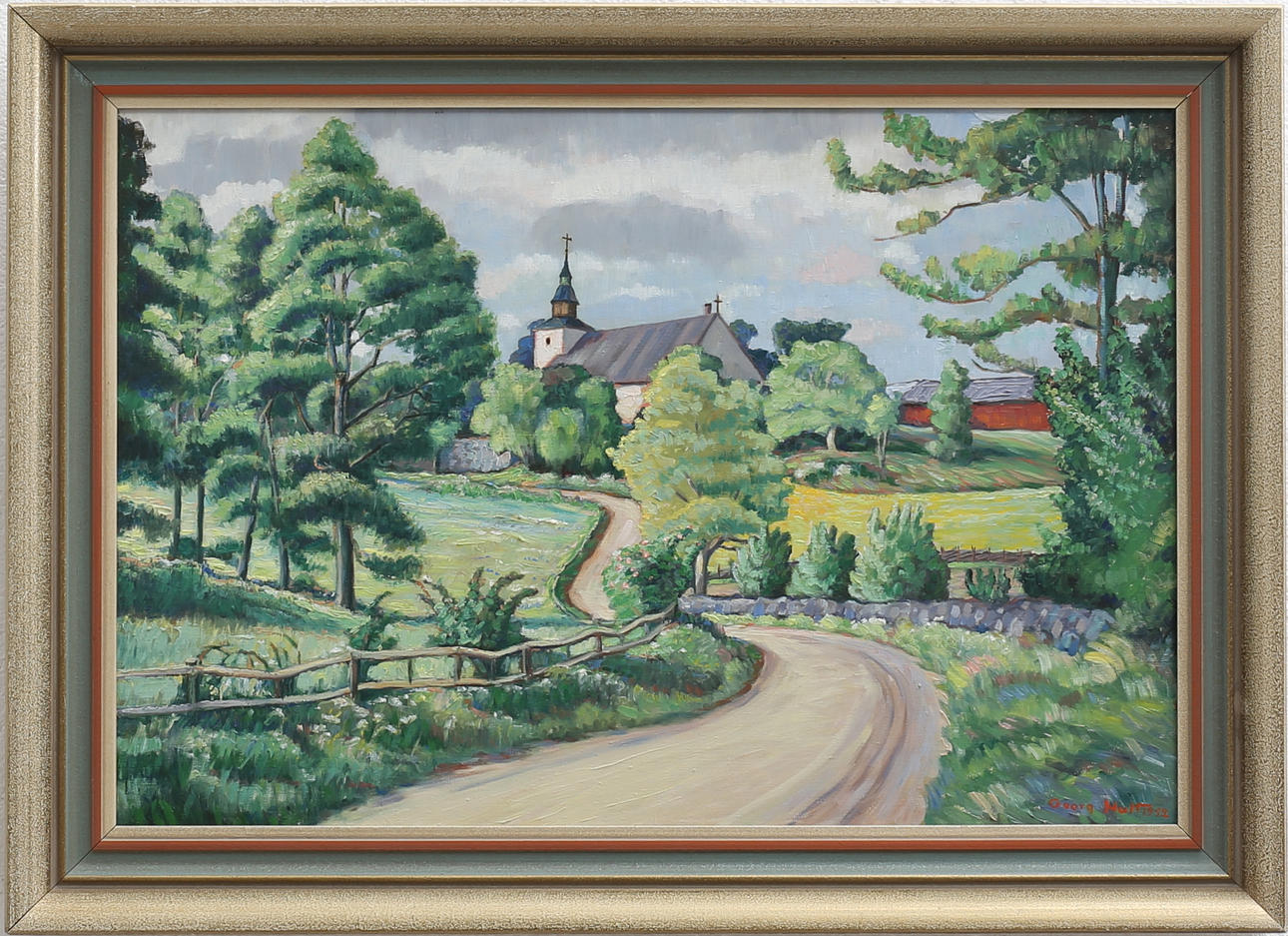 GEORG HULT. Kyrkvägen med Döderhults kyrka. Olja på duk, signerad och daterad 1952.
