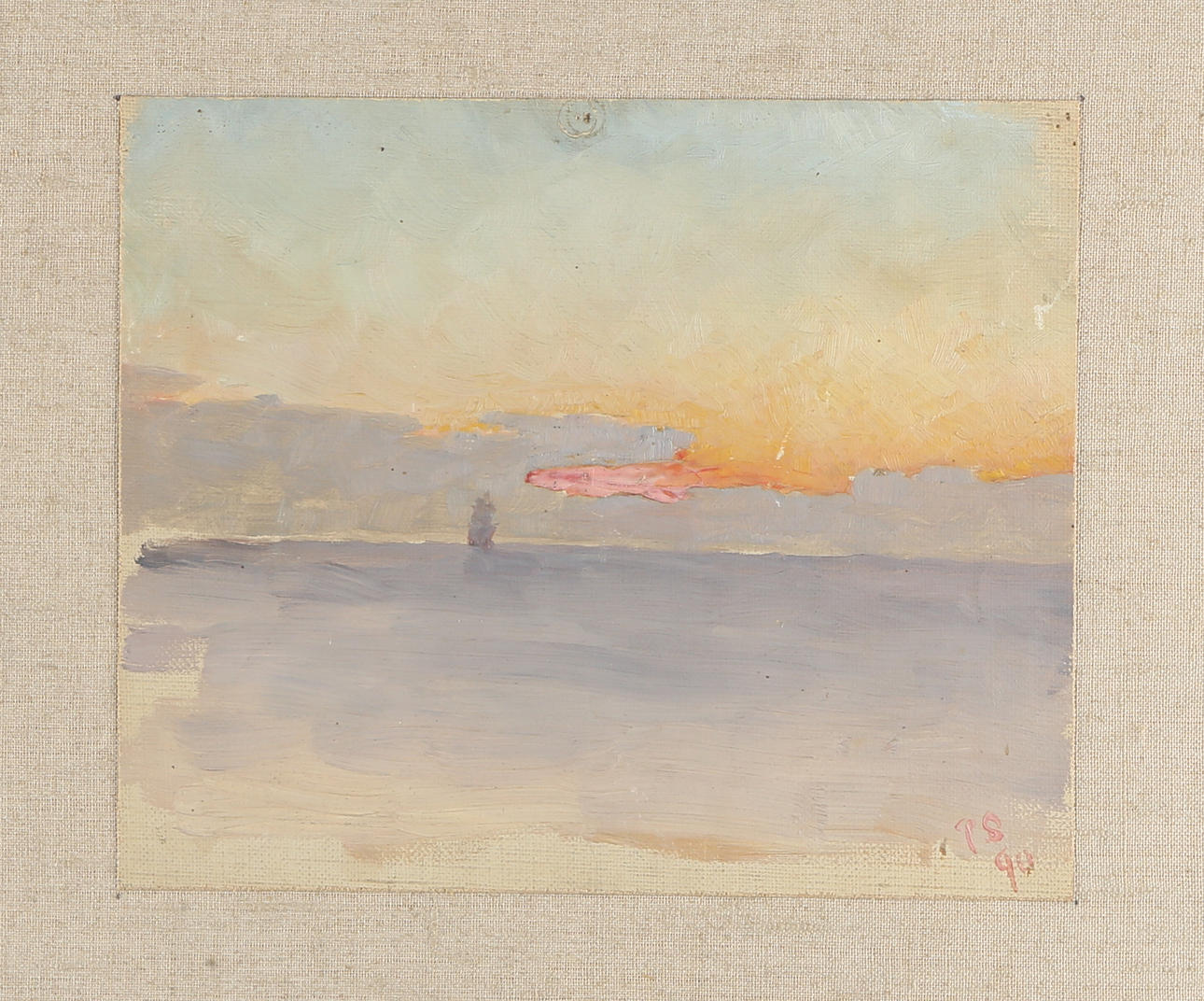 PELLE SWEDLUND. Kust med segelbåt, olja på pannå, signerad P S -90.