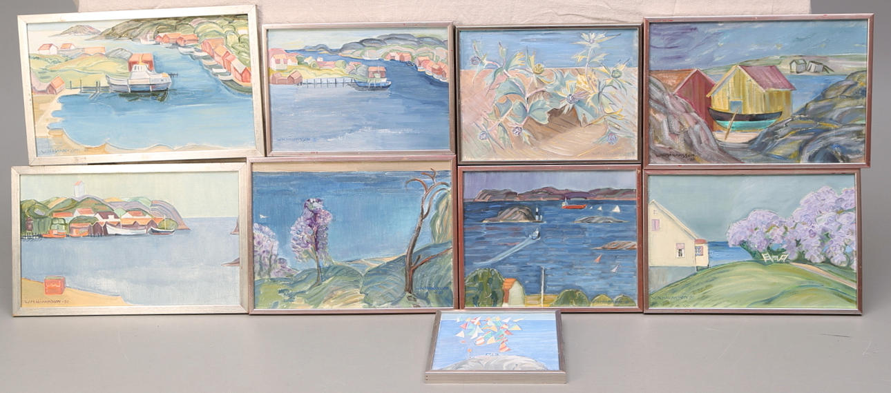 WANJA "NONES" HÅKANSSON. Olja på duk, 9 st, Kostermotiv, signerade, 1980-tal.