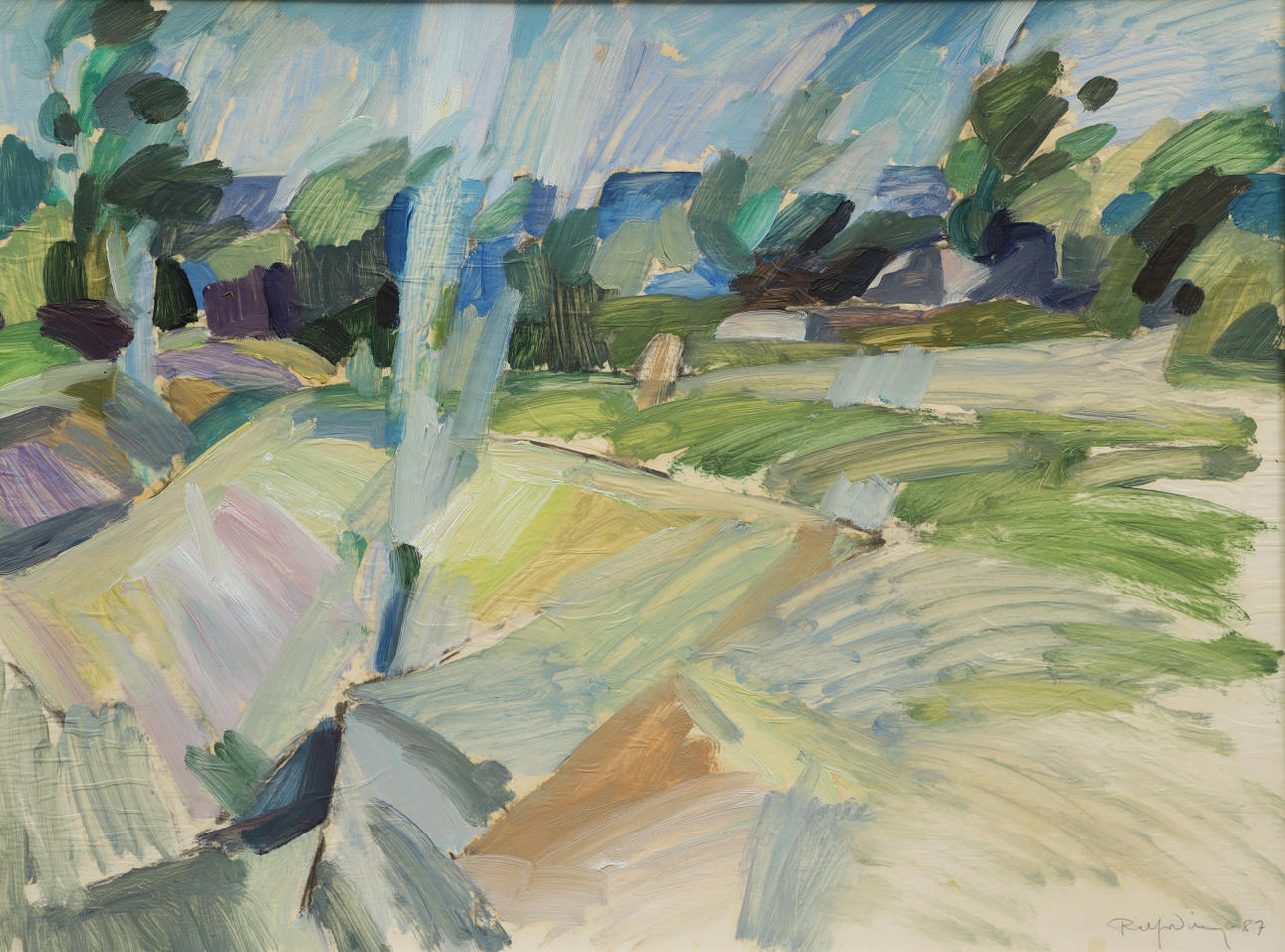 RALF WIBERG. Öl auf Platte, grüne Felder, signiert.