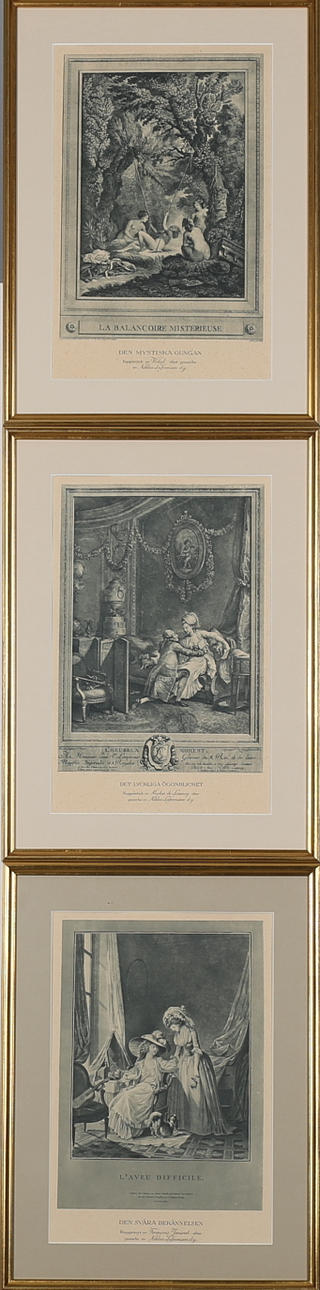 PARTI TAVLOR, 3 st, grafiska blad efter färgravyr och kopparstick efter Niklas Lafrensen d.y.