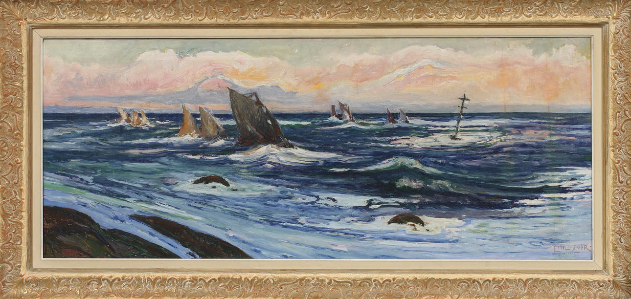 EMILE ZOIR. Havskust med segelbåtar, Olja på duk, signerad.