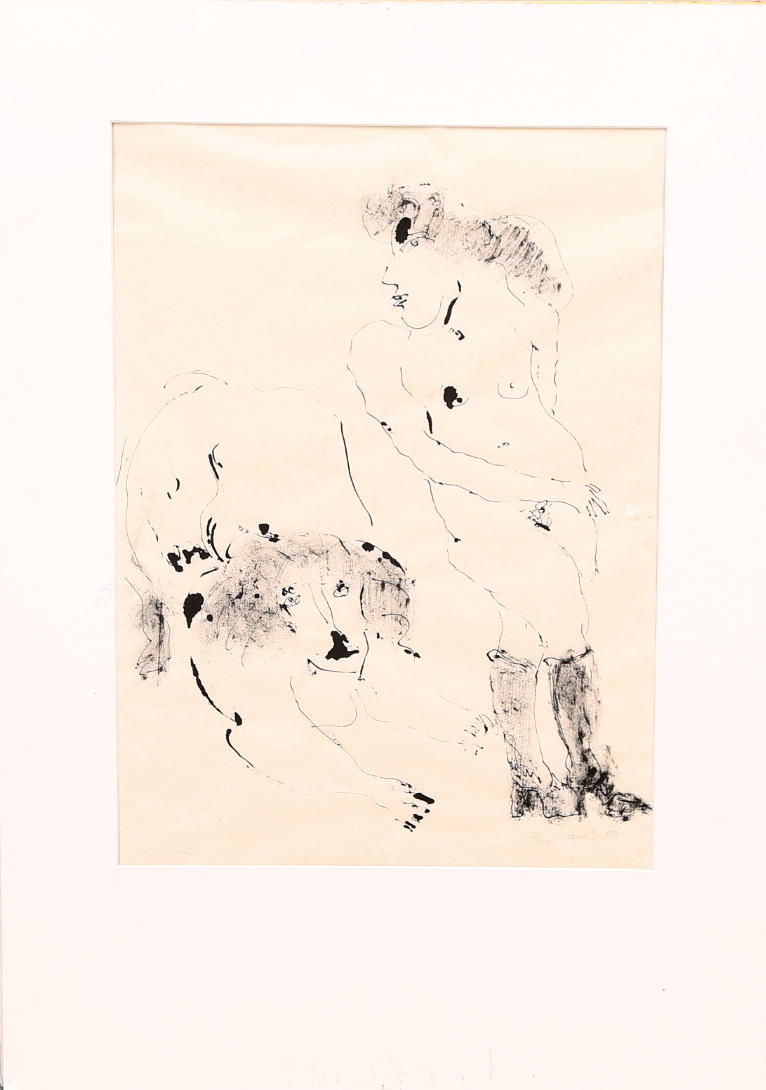 INGEBORG NILSSON SJOBERG. Tuschteckning, "Kvinna och djur II" signerad och daterad 04.