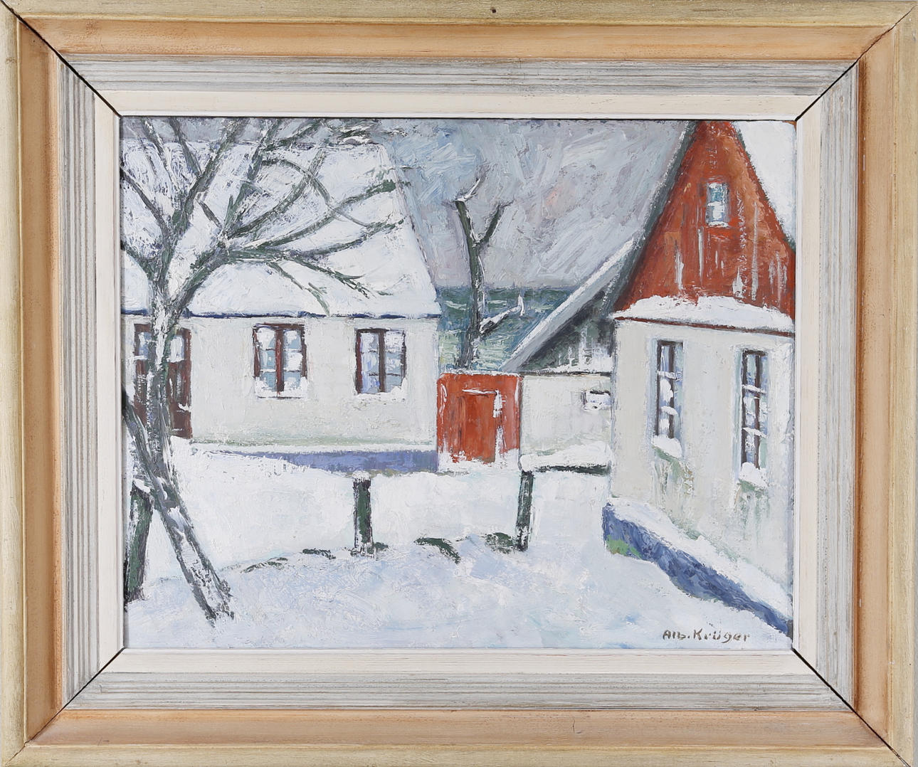 ALBERT KRÜGER. Vinter Vik 1942, olja på pannå, signerad.