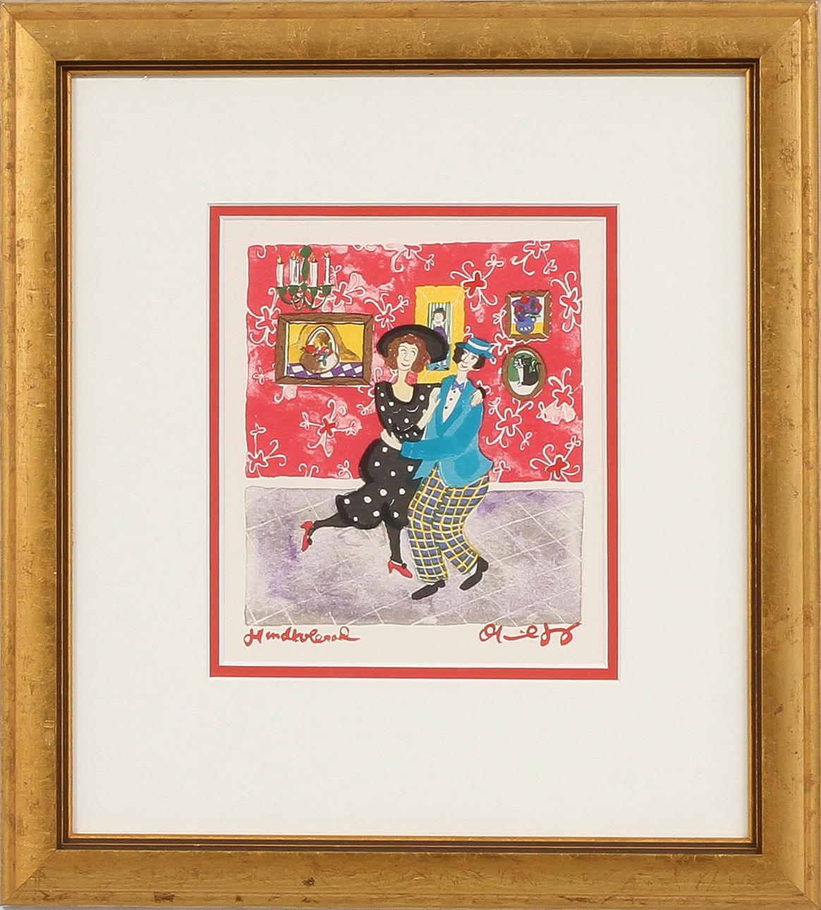 MARIKA LANG. Figurscen, handkolerad färglitografi, signerad.