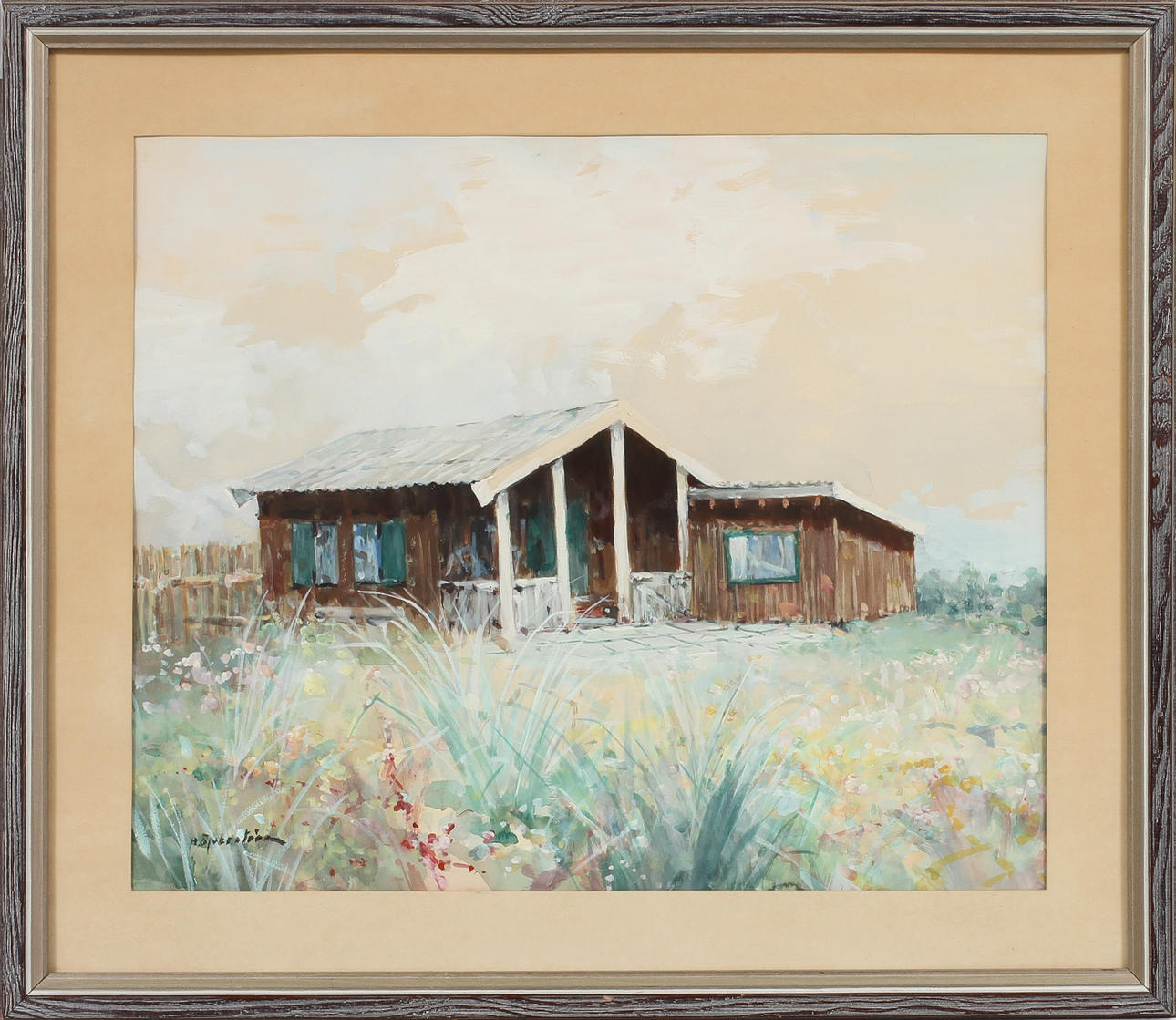 HUGO ÖFVERSTRÖM. Landskap med hus, akvarell, signerad.