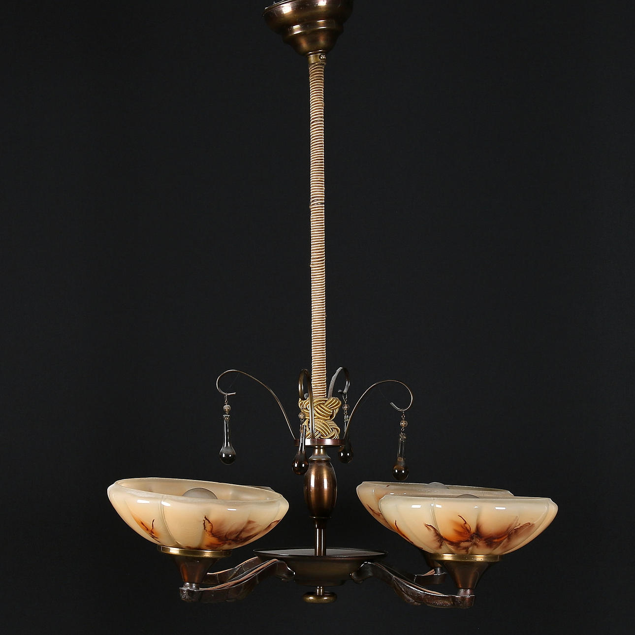 TAKLAMPA, patinerad mässing samt glaskupor, Art Deco. 1930/40-tal.