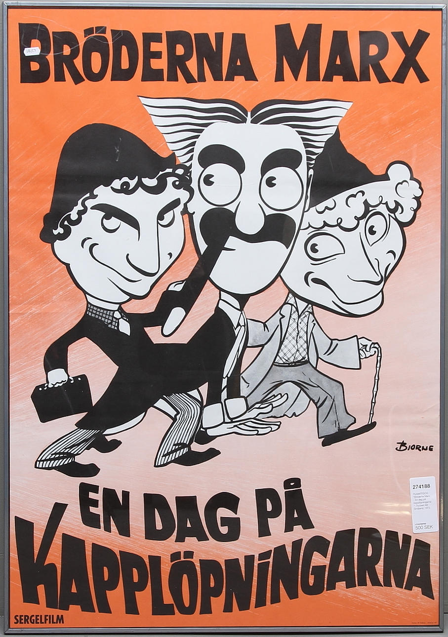 FILMAFFISCH, "Bröderna Marx - En dag på kapplöpningarna", Tryckeri AB Småland, 1972.