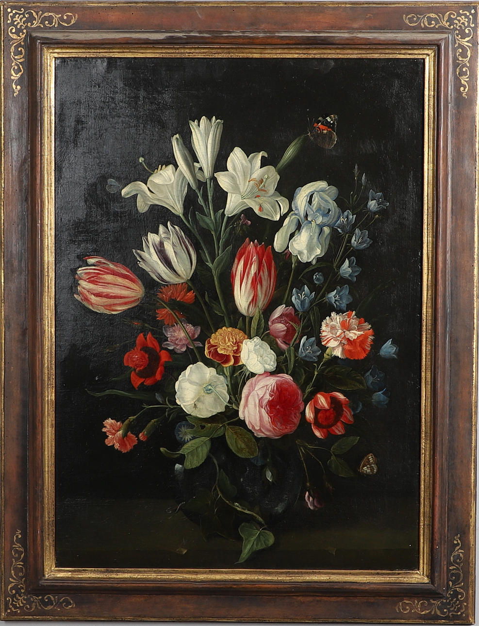 JAN VAN KESSEL THE ELDER (1626-1679). STILL LIFE OF A BOWL OF FLOWERS WITH BUTTERFLIES AND A DRAGON FLY.