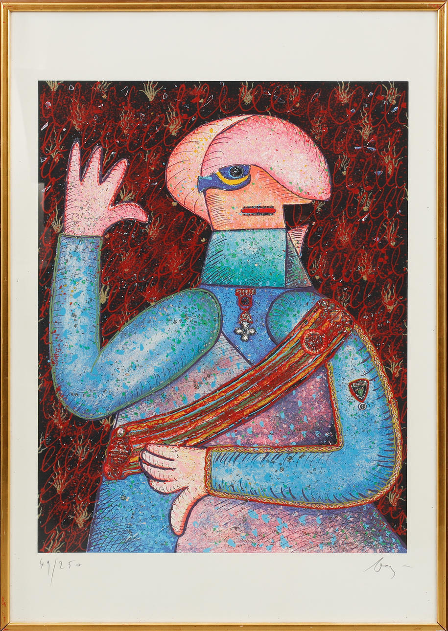 ENRICO BAJ. Figure composition, color lithograph with glitter, signed and numbered 49/250.