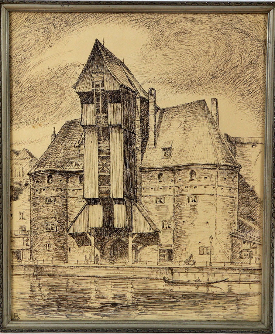 Krantor in Danzig, Tuschfederzeichnung, von 1945.