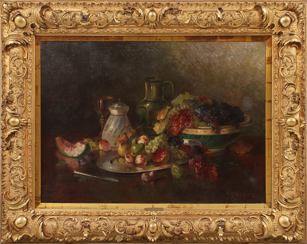 ANTON RAUFER-REDTWITZ. Stilleben med frukt, glas och kanna. Olja på duk, signerad.