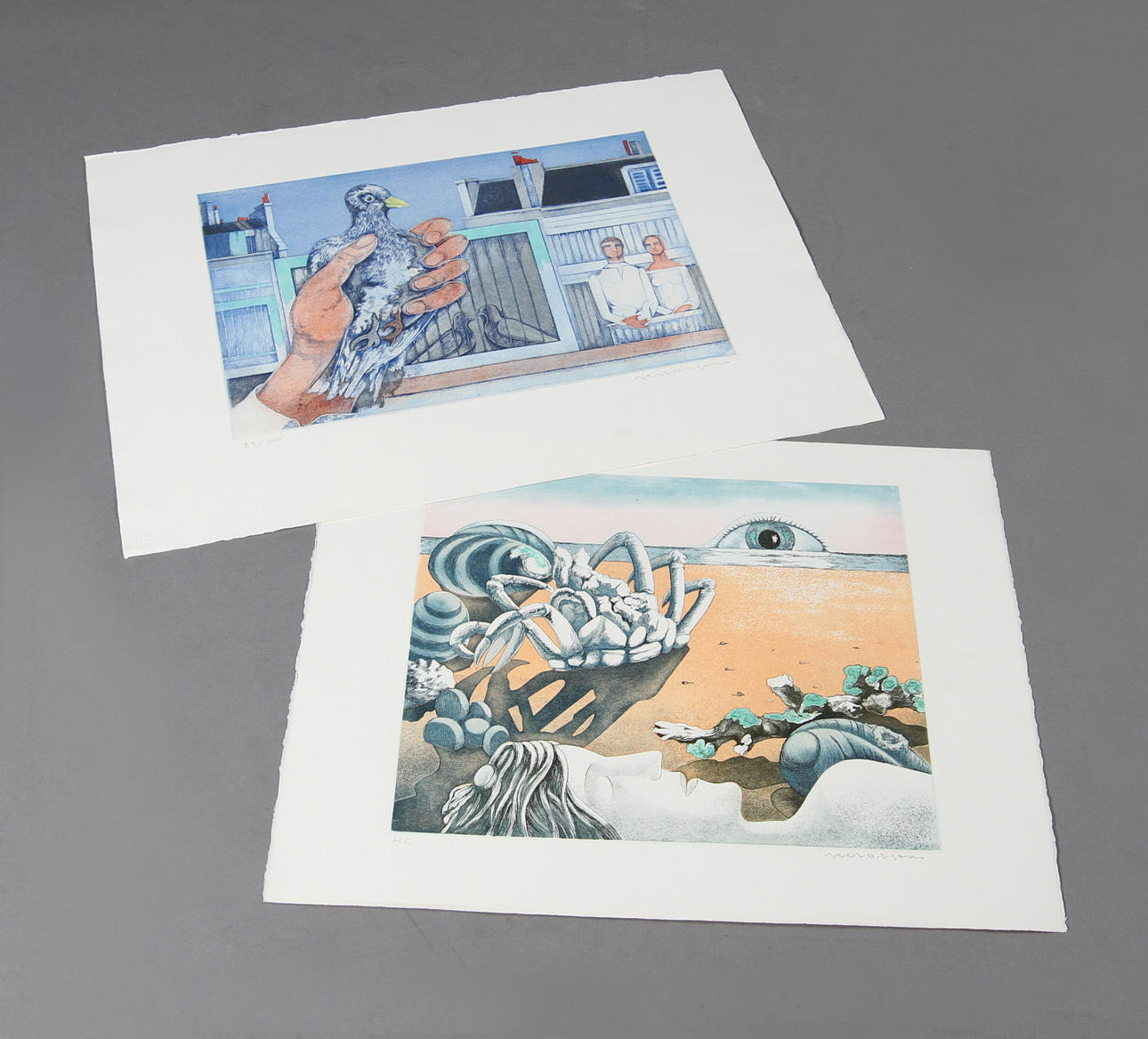 AXEL OLSON. Färglitografier. 2st, surrealistiska motiv, signerade.
