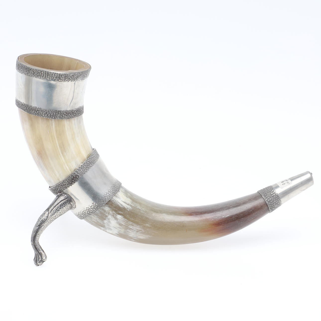 DRINKING HORN, horn & pewter.