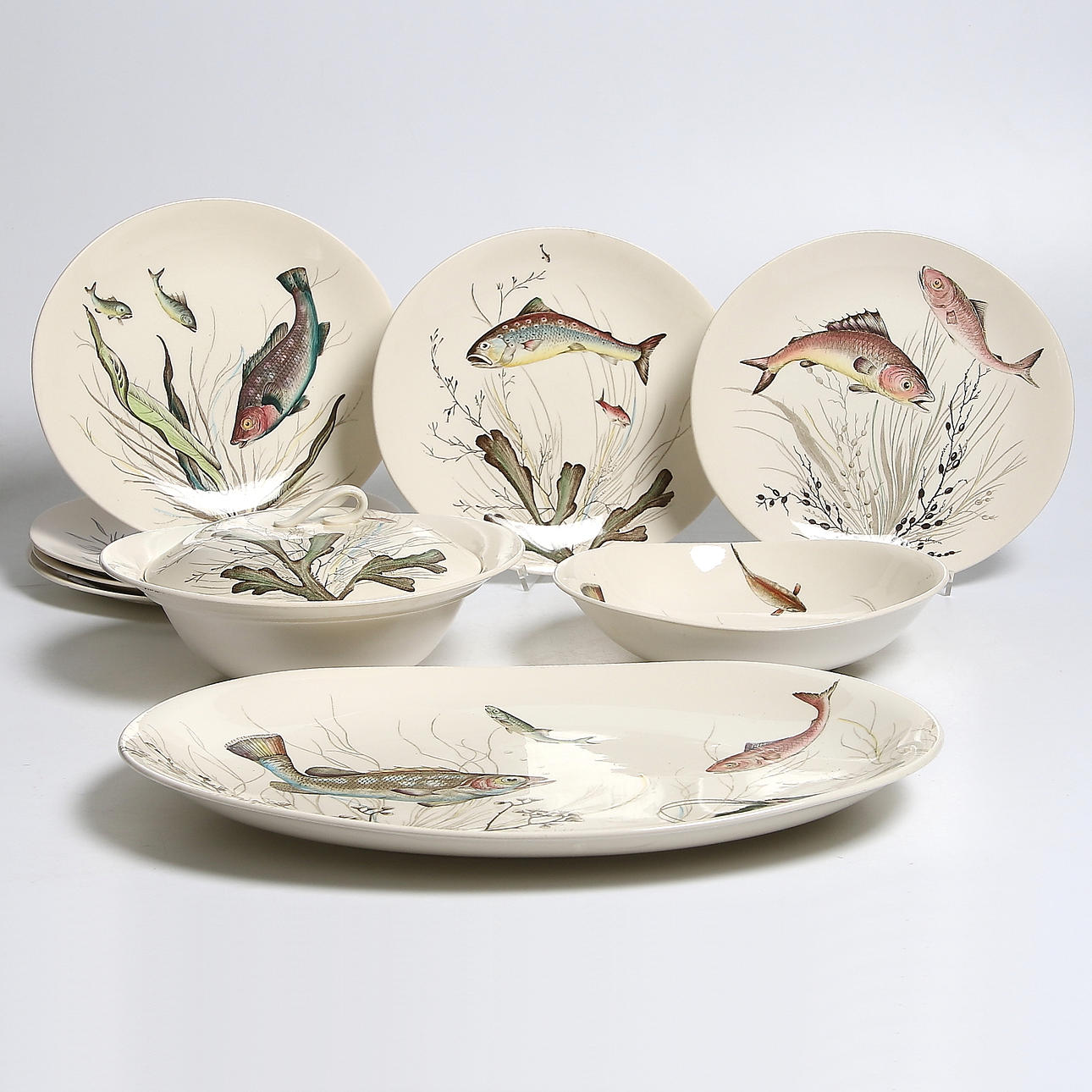 FISKSERVIS, 9 delar, flintgods, Johnson Brothers, England.