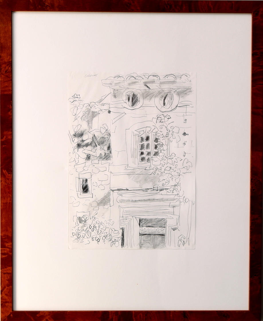 ERIK CEDERVALL. Blyertsteckning, husfasad, signerad.