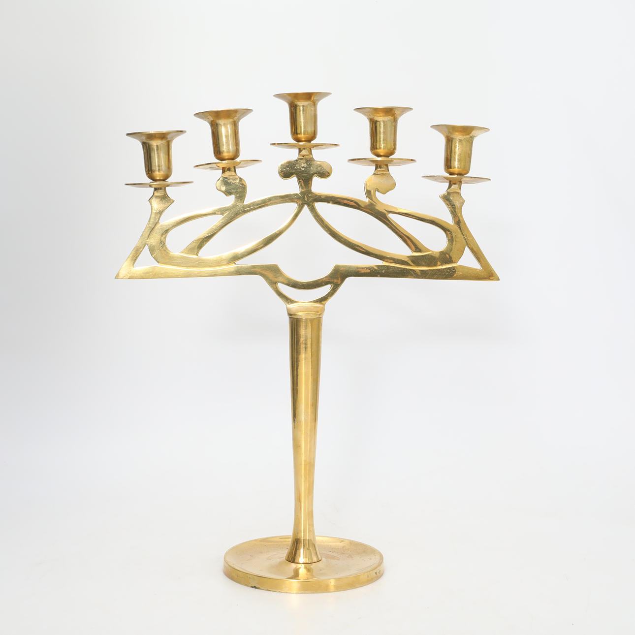 Lysestage 5-armet, messing, Jugendstil.