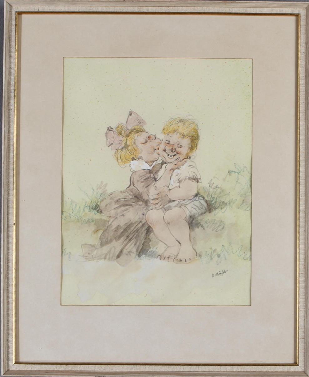 ROBERT HÖGFELDT. Kyssen, akvarell, signerad.