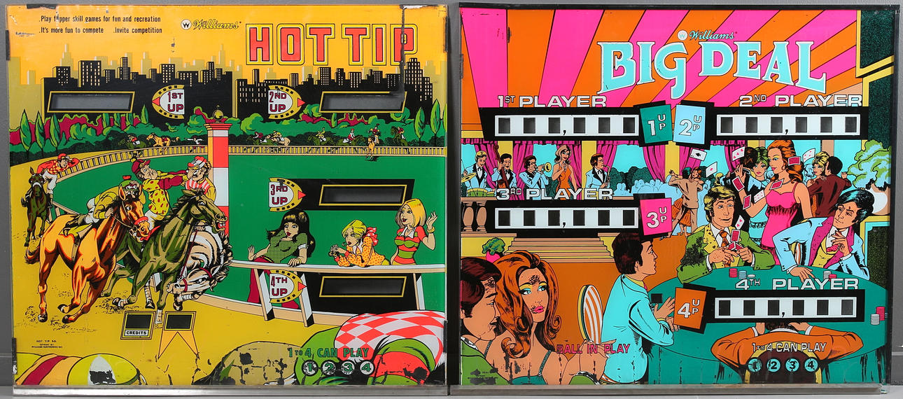 FLIPPERTOPPGLAS, 2 st, glas "Big Deal" samt "Hot Tip", Williams. 1900-talets andra halva.