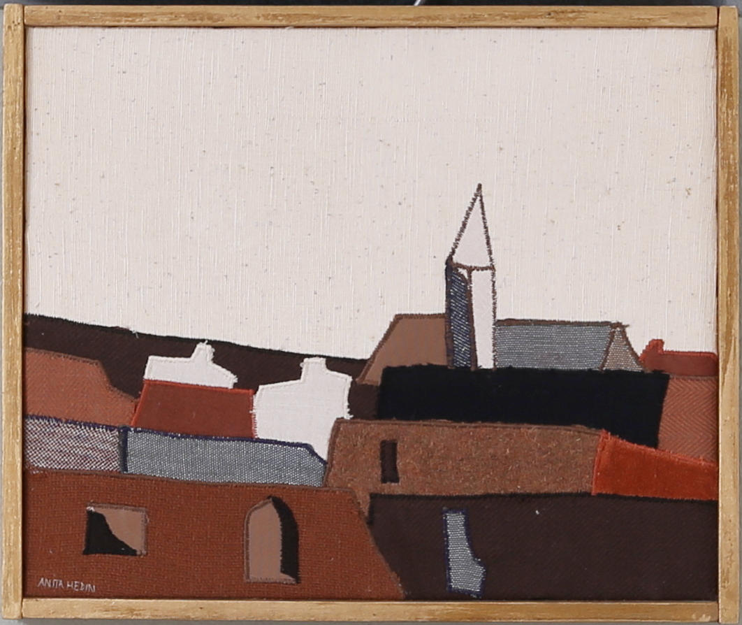 ANITA HEDIN. Landskapsmotiv samt stilleben, 3 st, textil, signerade.