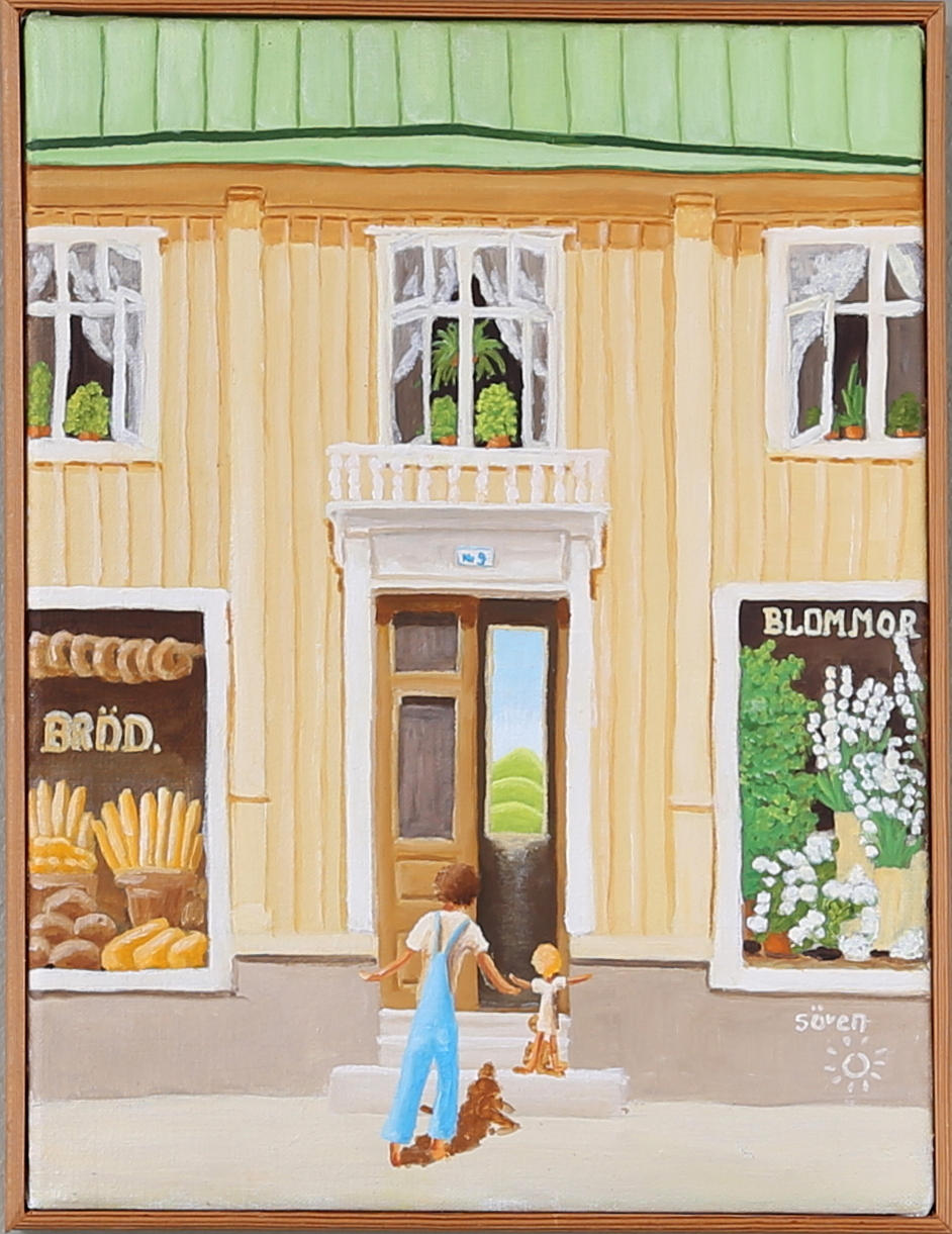 SÖREN BRYNIELSSON. "Gå in genom den öppna dörren", olja på duk, signerad och daterad 1983.