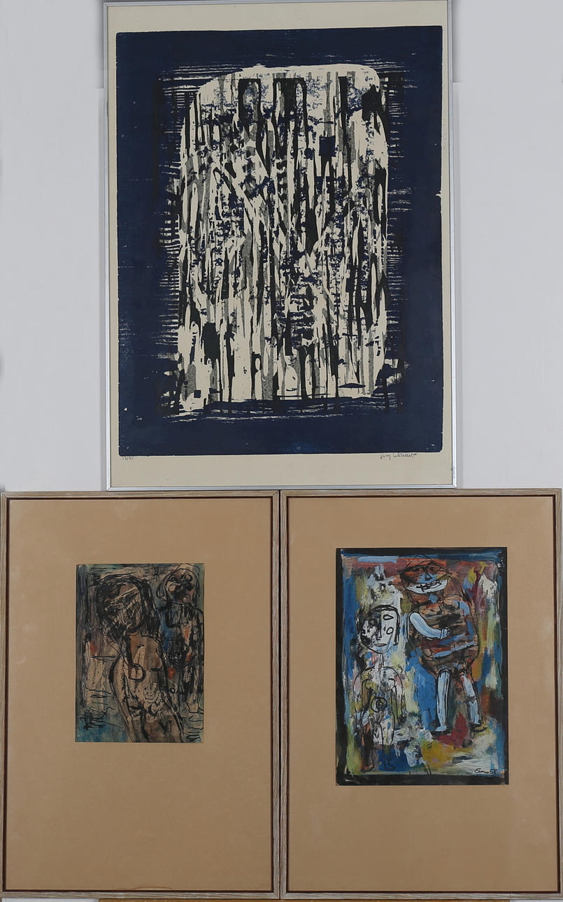 OIDENTIFIERAD KONSTNÄR. PARTI TAVLOR, 3 delar, färglitografi, otydlig signatur, numrerad 13/40, 2 st blandteknik, otydlig signatur och daterade -58.