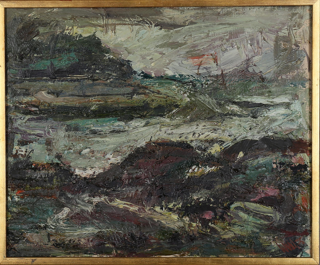 OIDENTIFIERAD KONSTNÄR. "Där vattnet går in", olja på duk, otydlig signatur samt daterad -35.