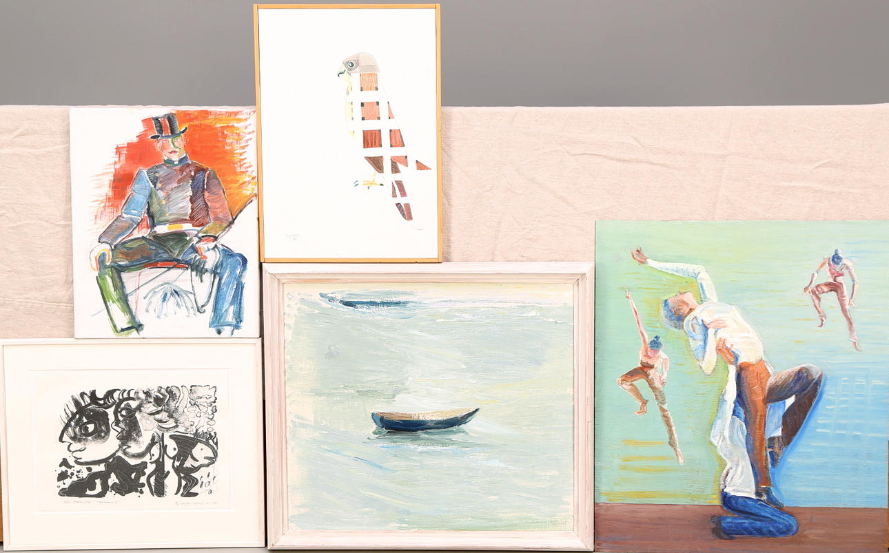 WANJA "NONES" HÅKANSSON. Olja på duk/pannå, 4 st, litografi, signerad.