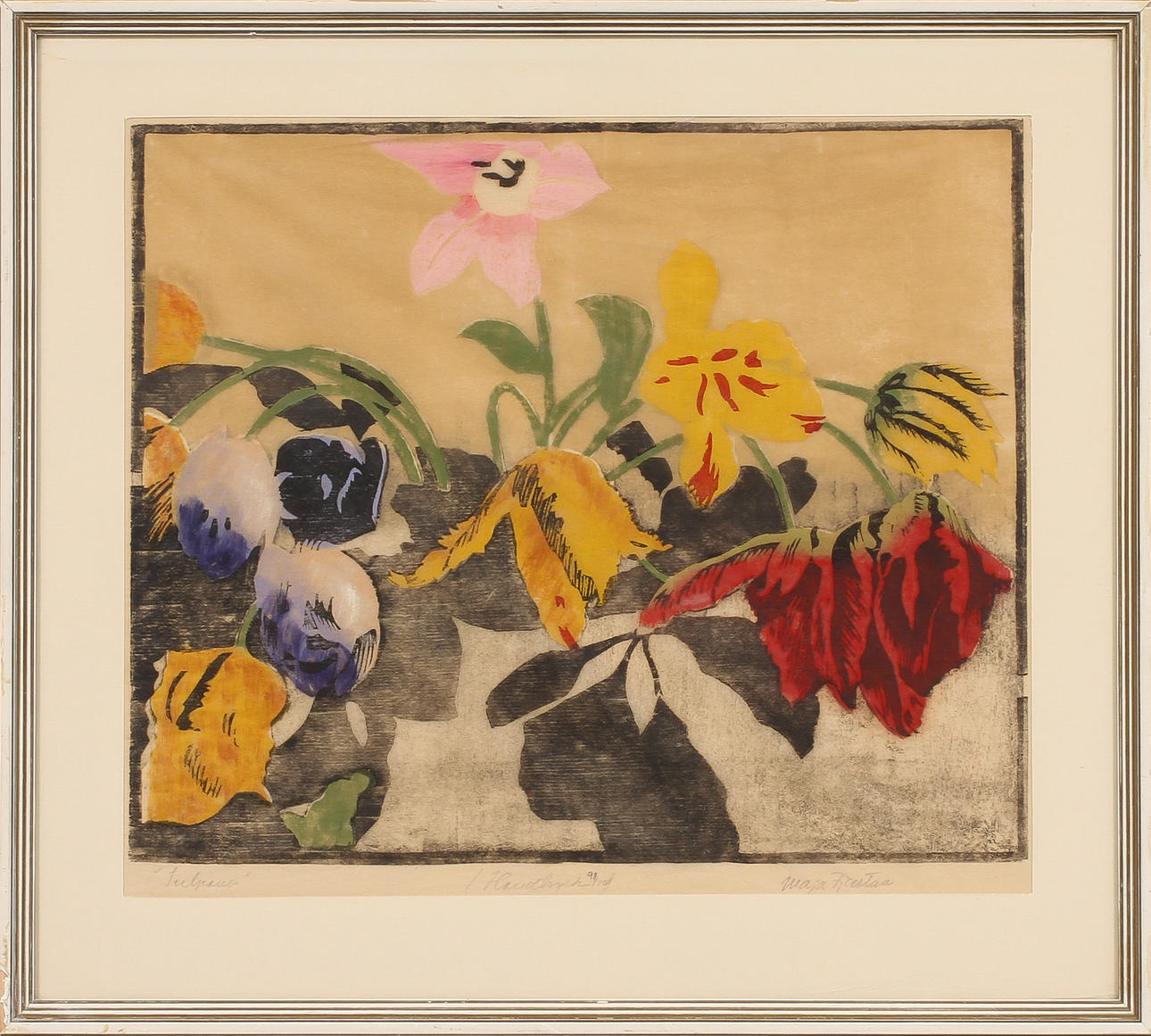 MAJA FJAESTAD. "Tulpaner", Träsnitt, signerad handtryck, daterad 98.