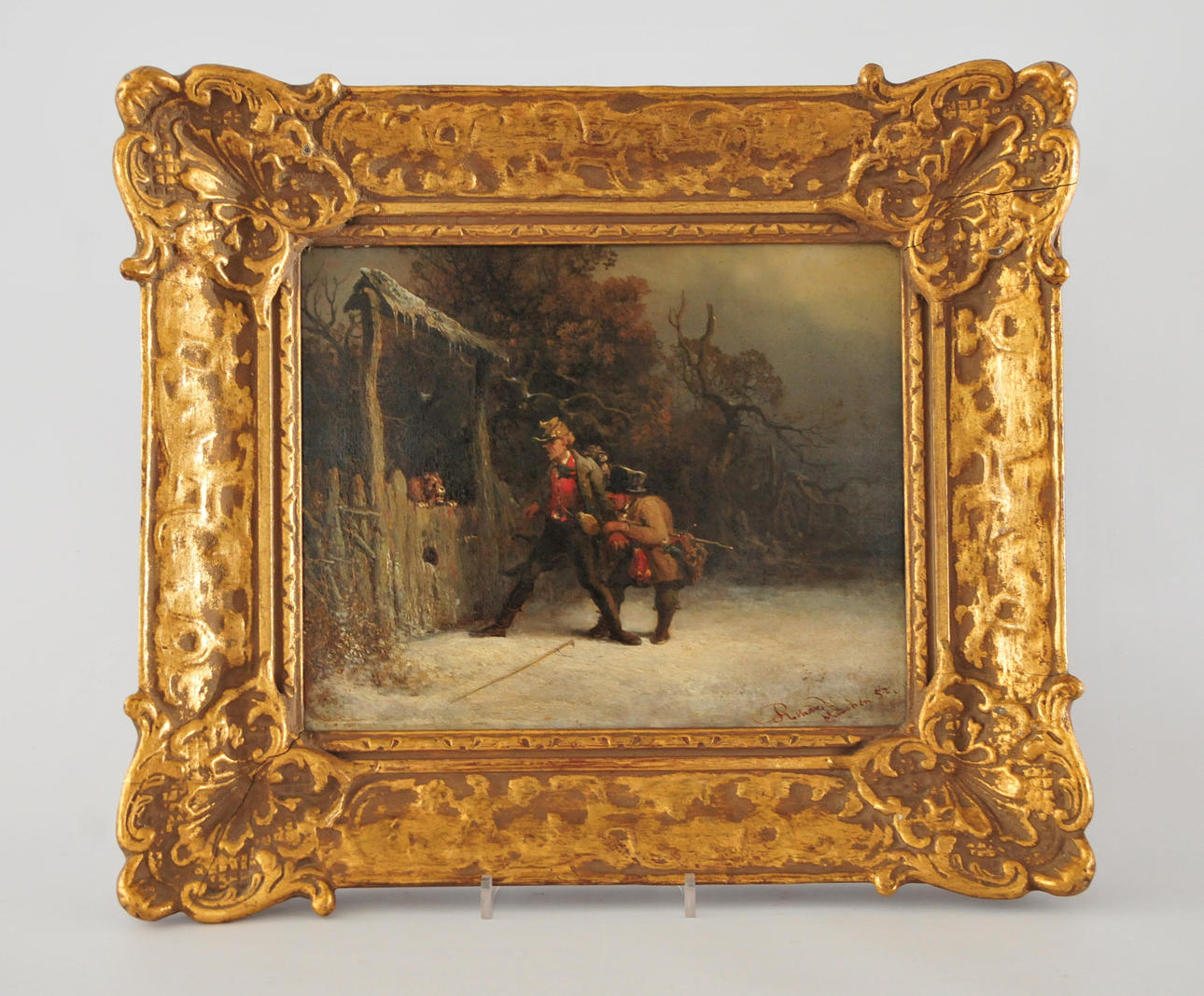 OKÄND KONSTNÄR, 1800-TAL. Vinterbild med figurer och skällande hund. Olja på träpannå, sign Richards, Munchen -52.