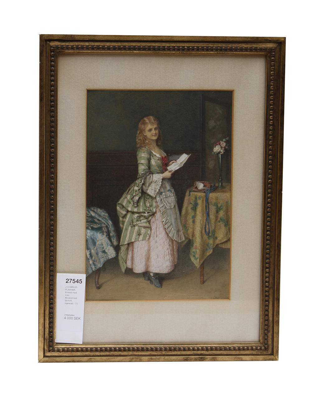 J CHARLES PLAYFAIR. Kvinna med brev. Akvarellmed täckvitt, signerad. -72.