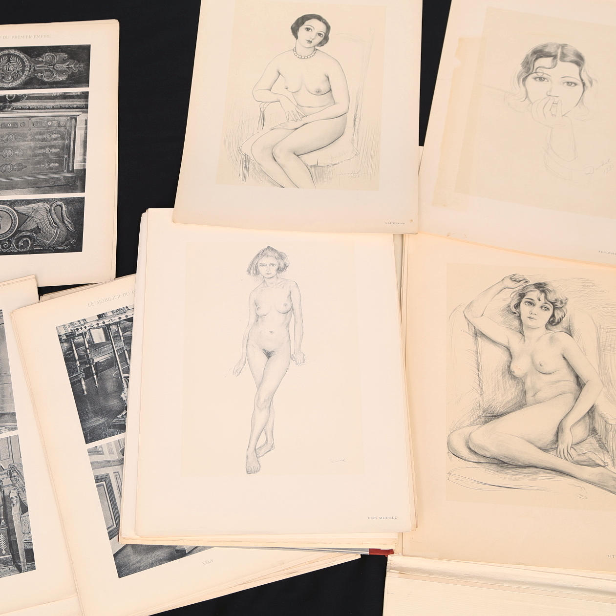 MAPPAR 2 st, Nils Dardel, blyertsteckningar, reproduktioner. Egon Hessling, Empire-möbel, foton.