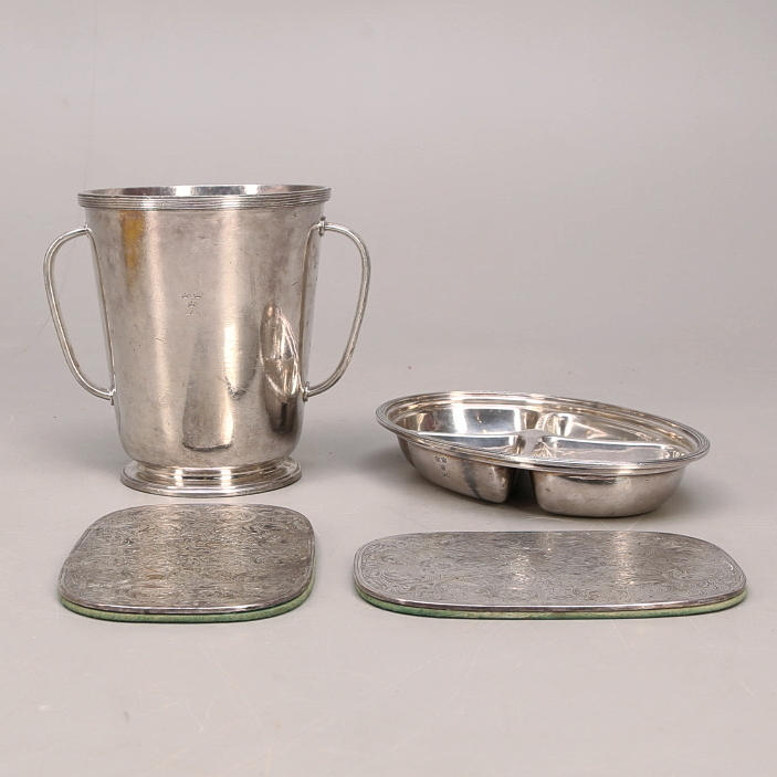 ISHINK + SKÅL + 2 UNDERLÄGG: samtliga nysilver / vitmetall.