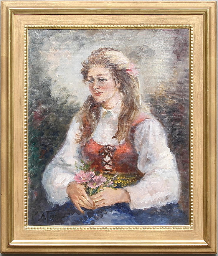 ALEXANDER TOLSTOY. Porträtt av ung kvinna. Olja på duk. Signerad.