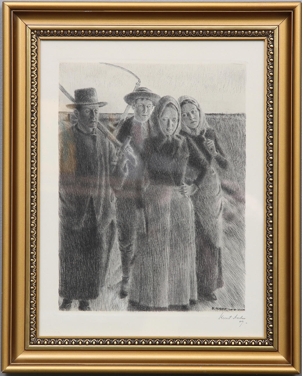 KNUT ANDER. "Skördefolk", torrnål. Signerad och daterad 1907.