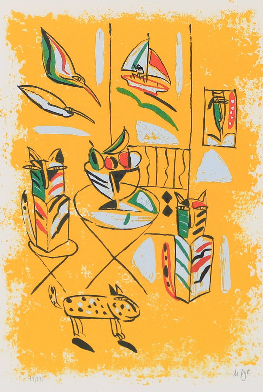 MADELEINE PYK. Composition with cats, color lithograph, signed M. Pyk.