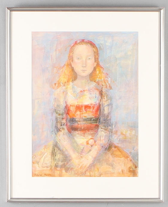 DORINA MOCAN. "Flicka med docka", akryl, signerad.