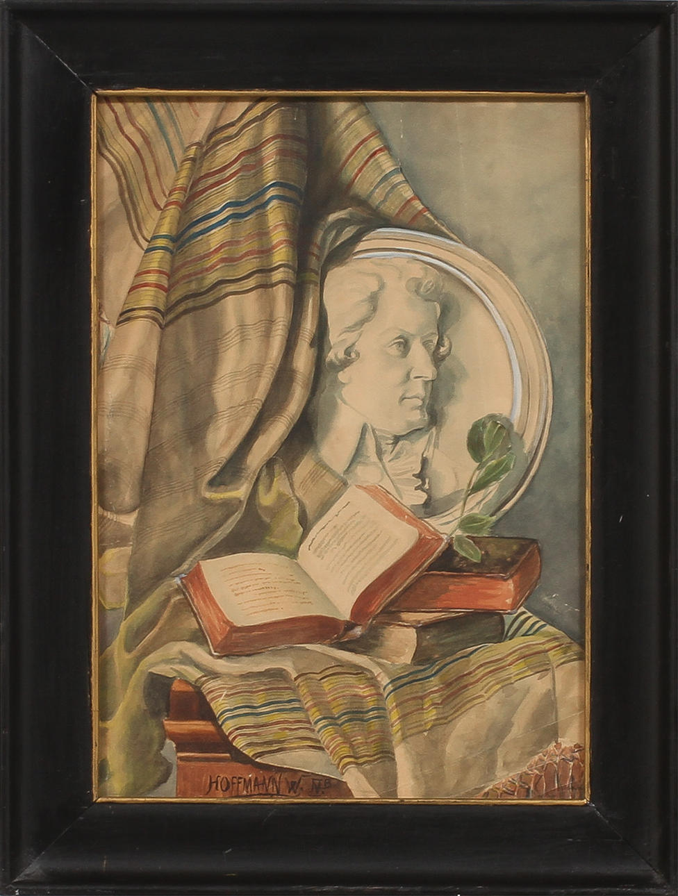 OIDENTIFIERAD KONSTNÄR. Stilleben med böcker, akvarell, signerad W. Hoffmann.