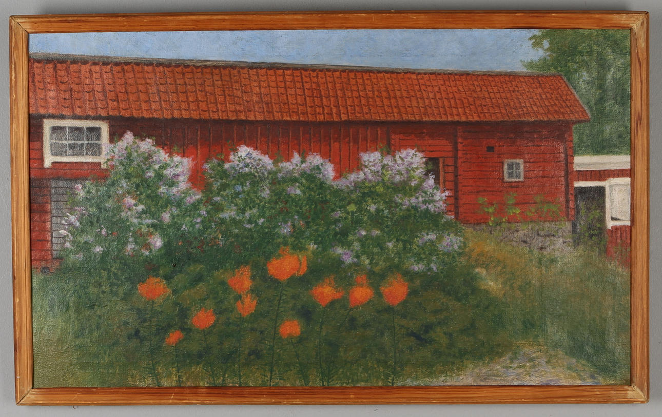 KARL "XYLOGRAFEN" ANDERSSON. Ekonomibyggnaden, olja på duk, intygad a tergo.