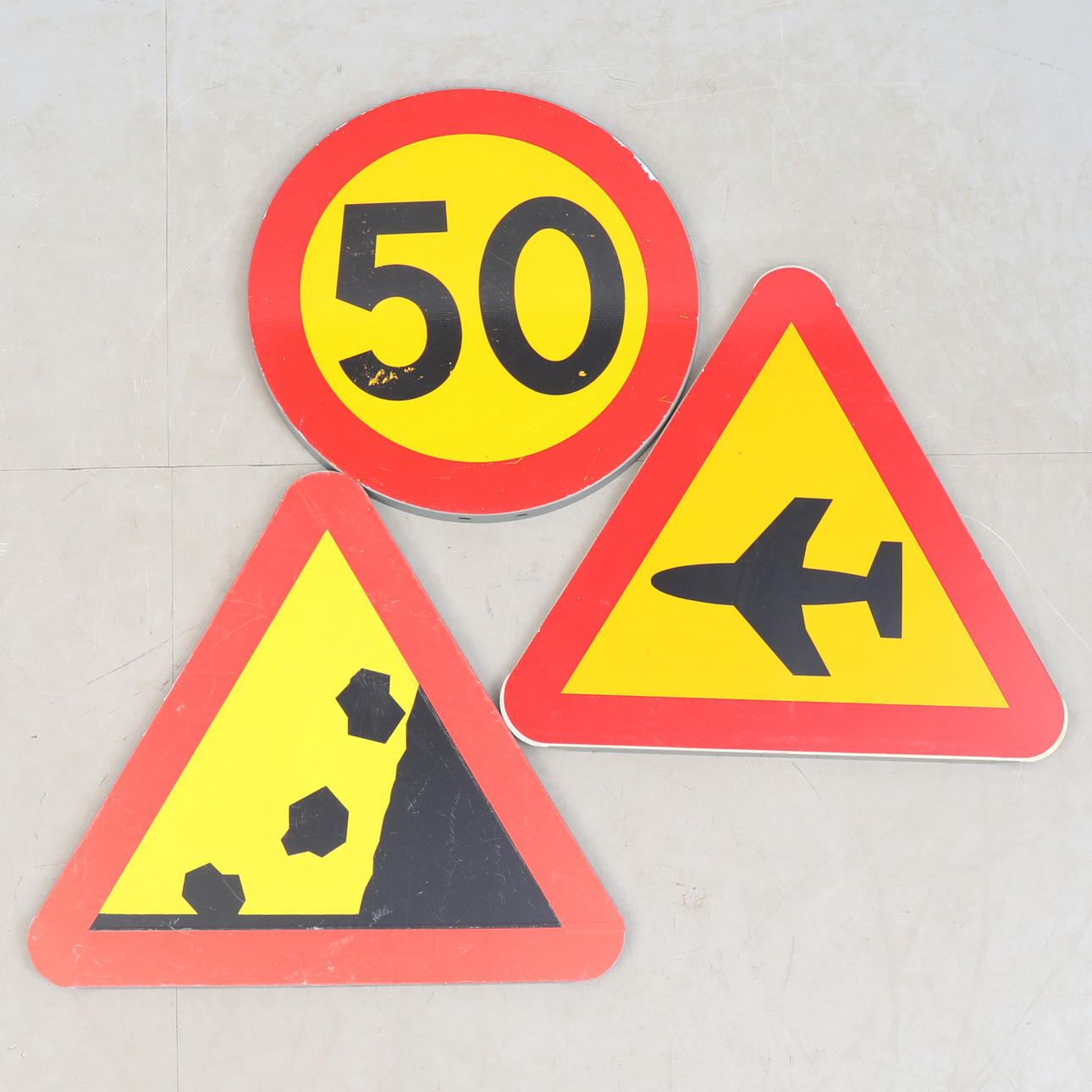 ROAD SIGNS, three pieces, labeled. Silver & Metals - Other metals ...