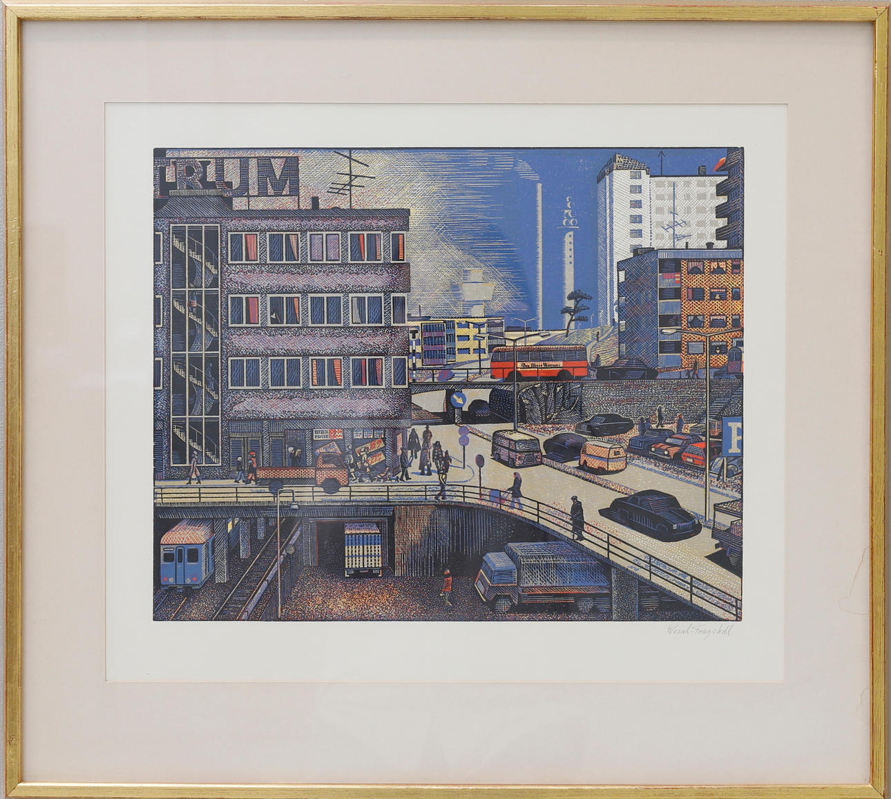 ERIK WESSEL FOUGSTEDT. City view, linocut, signed.