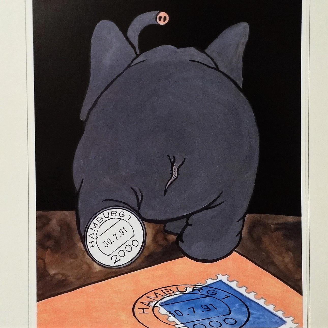 TOMI UNGERER. ELEFANT MIT POSTSTEMPEL, Kunstdruck, von 2000.