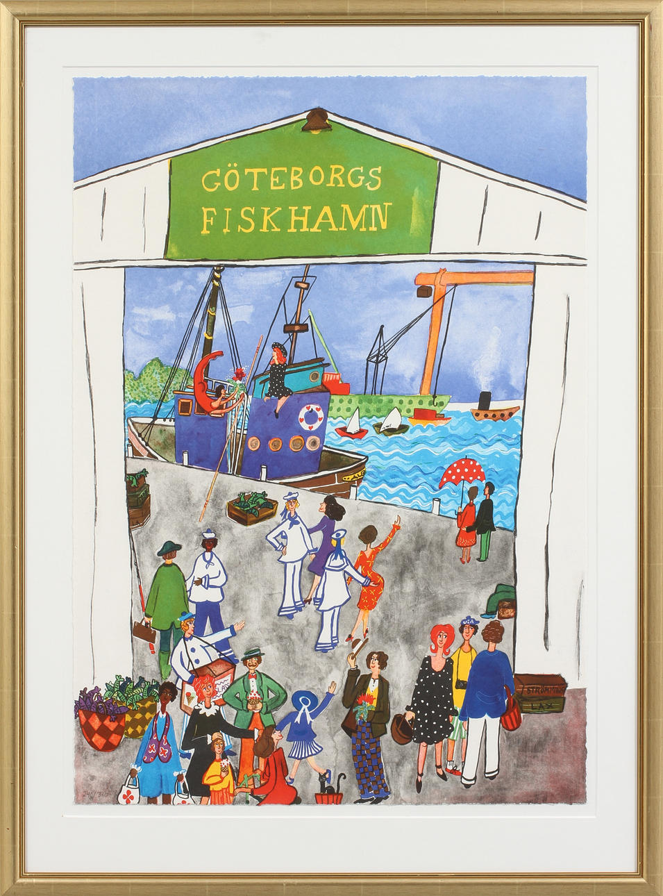 MARIKA LANG. Göteborgs fiskhamn, litografi, signerad och numrerad 240/360.