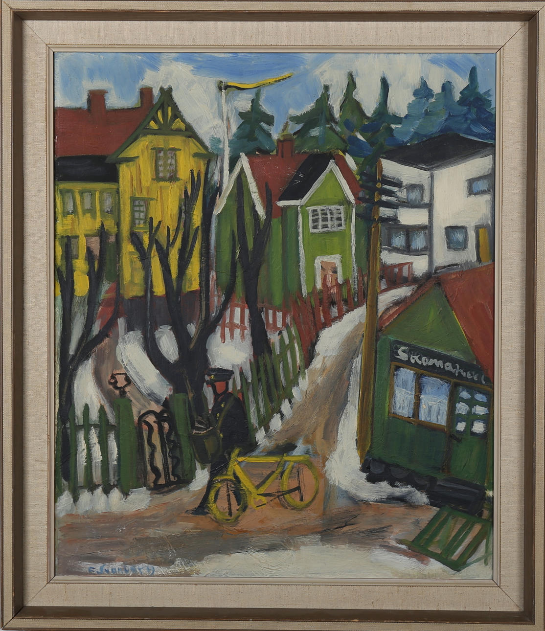 OIDENTIFIERAD KONSTNÄR. Olja på pannå, brevbärare på tur, signerad E. Svanberg.