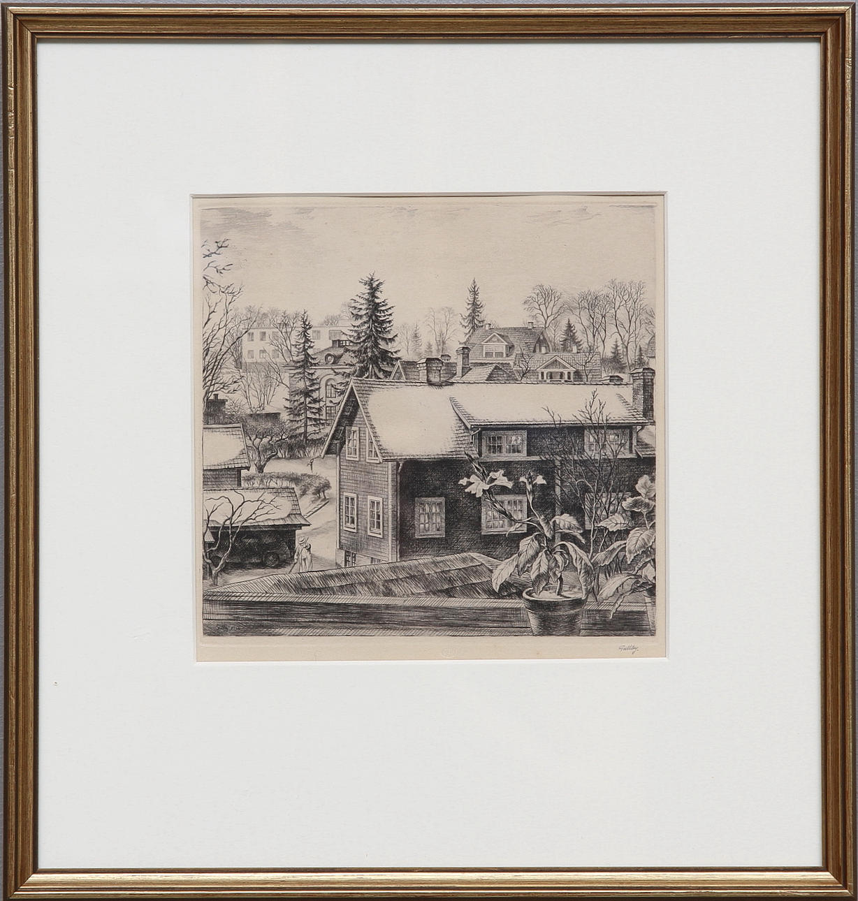 FOLKE GULLBY. "Utsikt över Åtvidaberg", Etsning och torrnål, 1956, signerad.