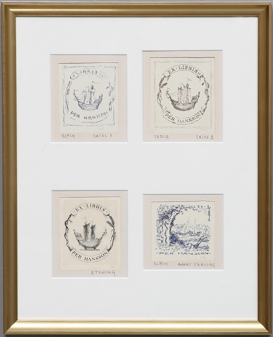 FOLKE GULLBY. "Ex libris Per Hansson". Etsning, teckningar, 4 st, signerade.