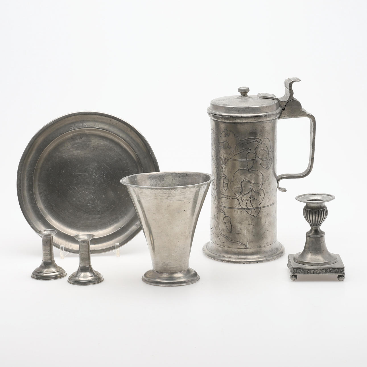 OBJETOS ANTIGUOS Peltre, 6 PIEZAS.