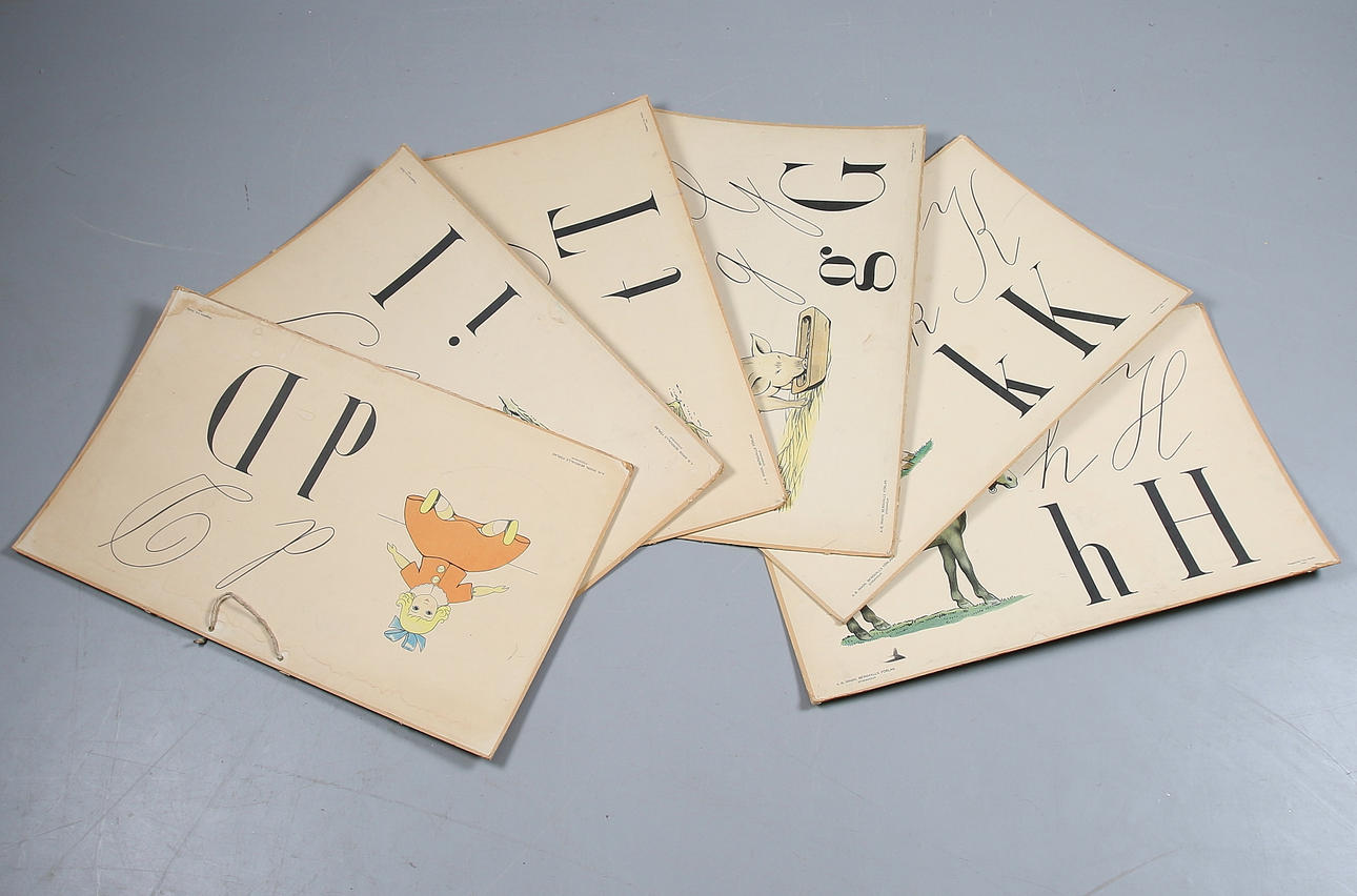 SKOLPLANSCHER, 6 st, docka, igelkott, häst, ko, gris, tupp, Häggström Lito. A.B. Magn. Bergwalls förlag. 1900-talets första hälft.