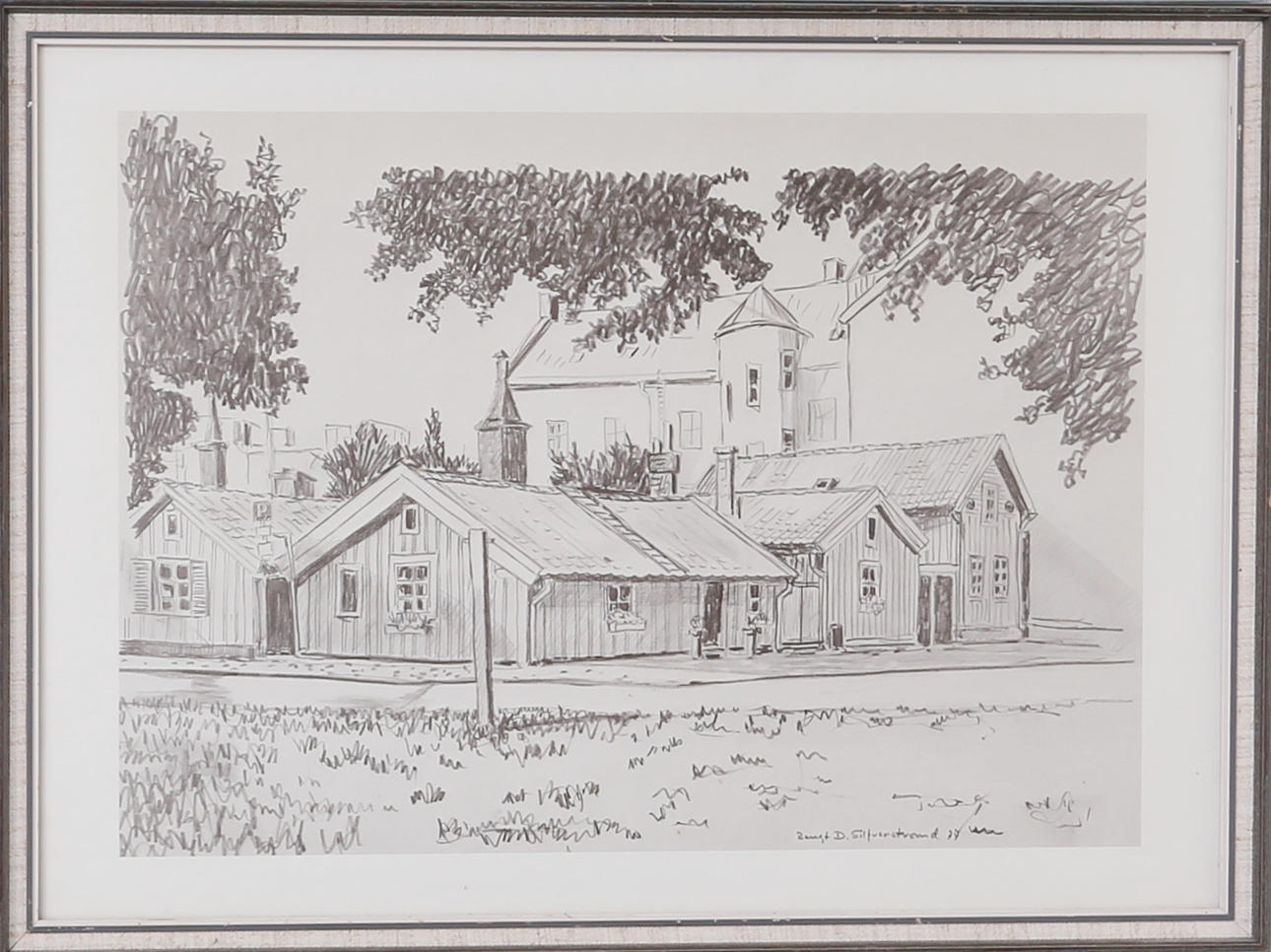 BENGT SILFVERSTRAND. Stadsmotiv, Kattrumpan i Kalmar, teckning, signerad och daterad.