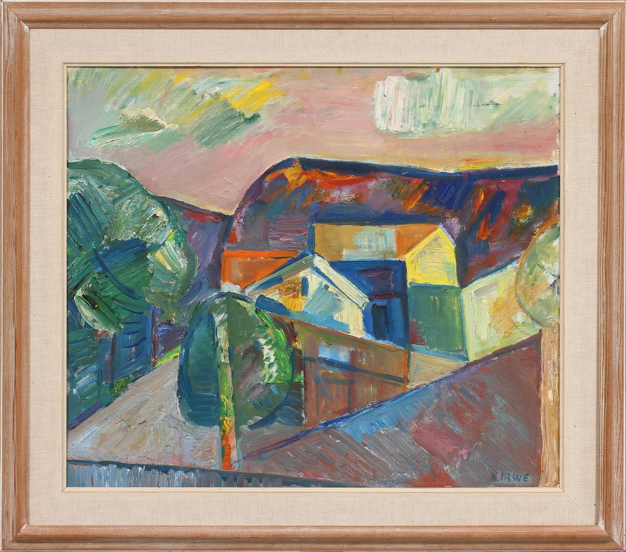 KNUT IRWE. Landskap med hus, olja på duk, uppfodrad, signerad.